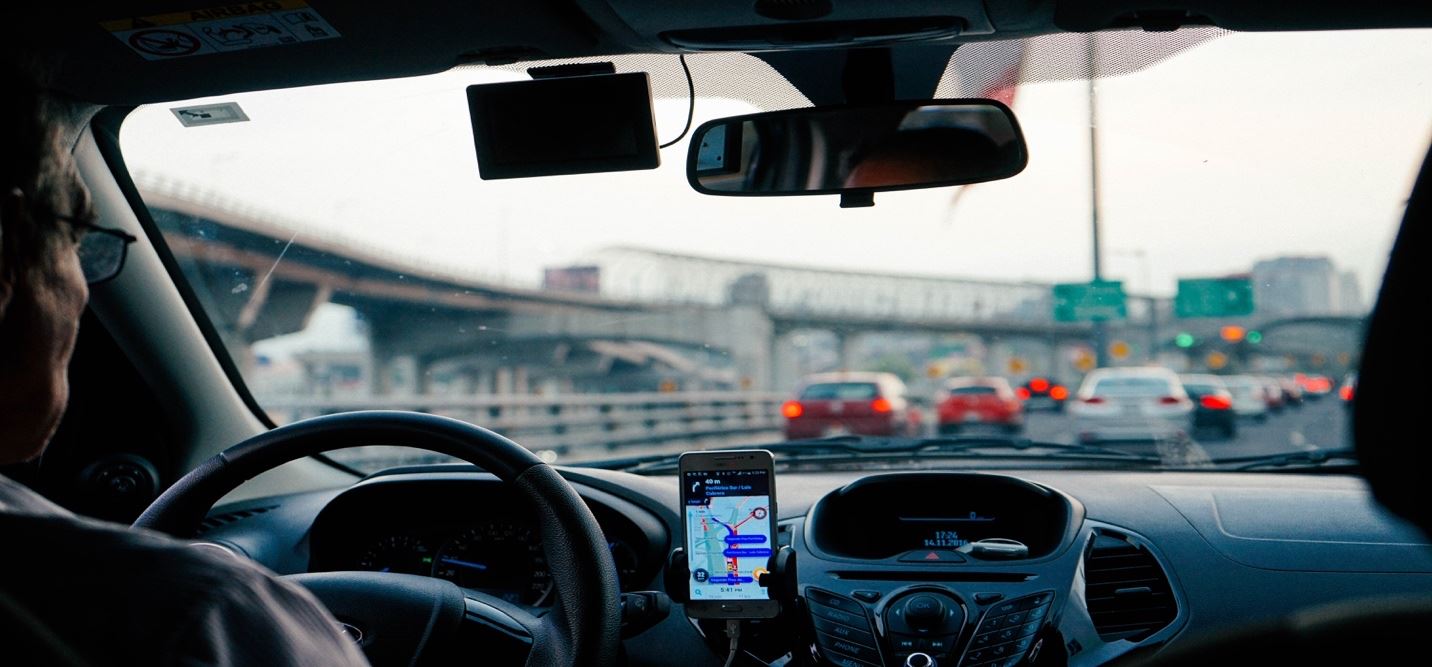 Inside view of a car driving on a freeway